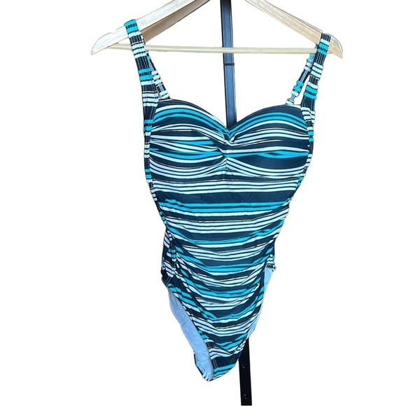 Bond-Eye Australia Black Blue Gold Striped One Piece Swimsuit Size 8 - Picture 1 of 12